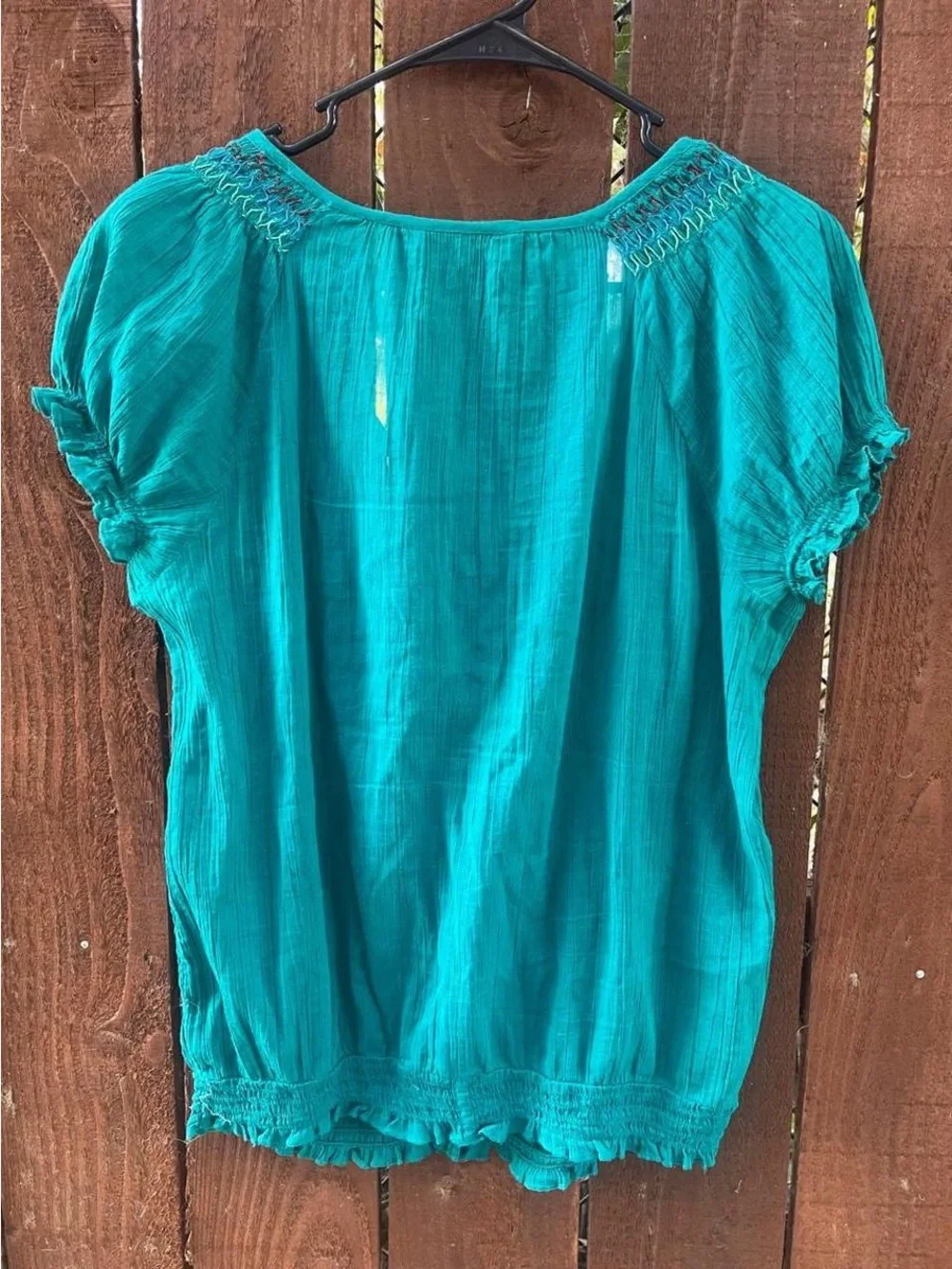 Old Navy 2011 Teal Cottagecore Y2k Gauzy Cotton Embroidered Blouse Sz M